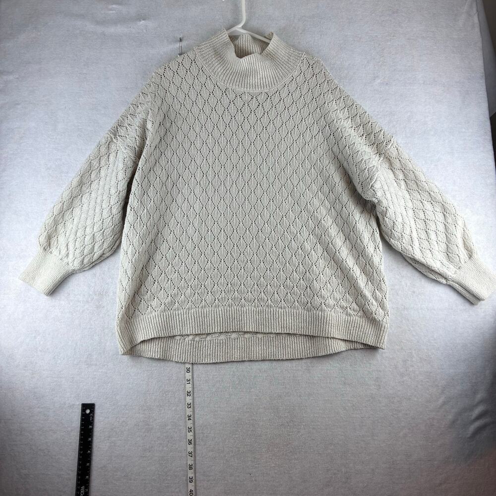 Wonderly Scallop Knit Sweater Balloon Sleeve Ivory Mock Neck XL Oversized Cozy